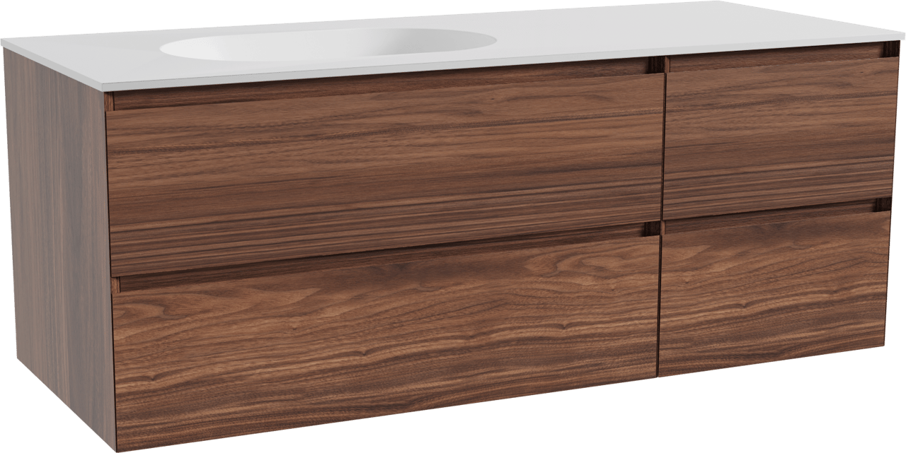 Balmani Mitra hängendes Möbelstück Set: 135 x 55 cm, Nussbaum, mit Tablo Oval Waschtisch links, Solid Surface Weiß matt