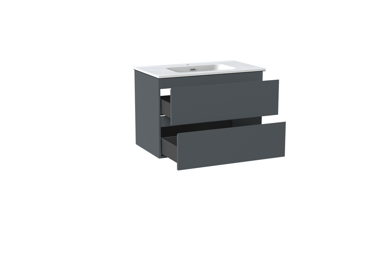 Linie Lado hängendes Möbelstück Set: 80 x 46 cm, Anthrazitblau, mit Baro Einzelwaschtisch, Porzellan Weiß matt