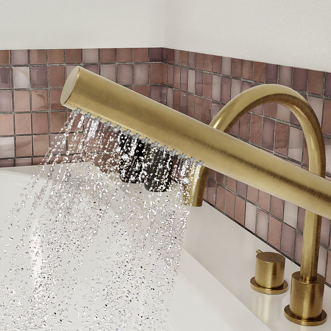 Blaufoss Round 5 trous Robinet de baignoire sur gorge Brushed Gold set douchette incl.
