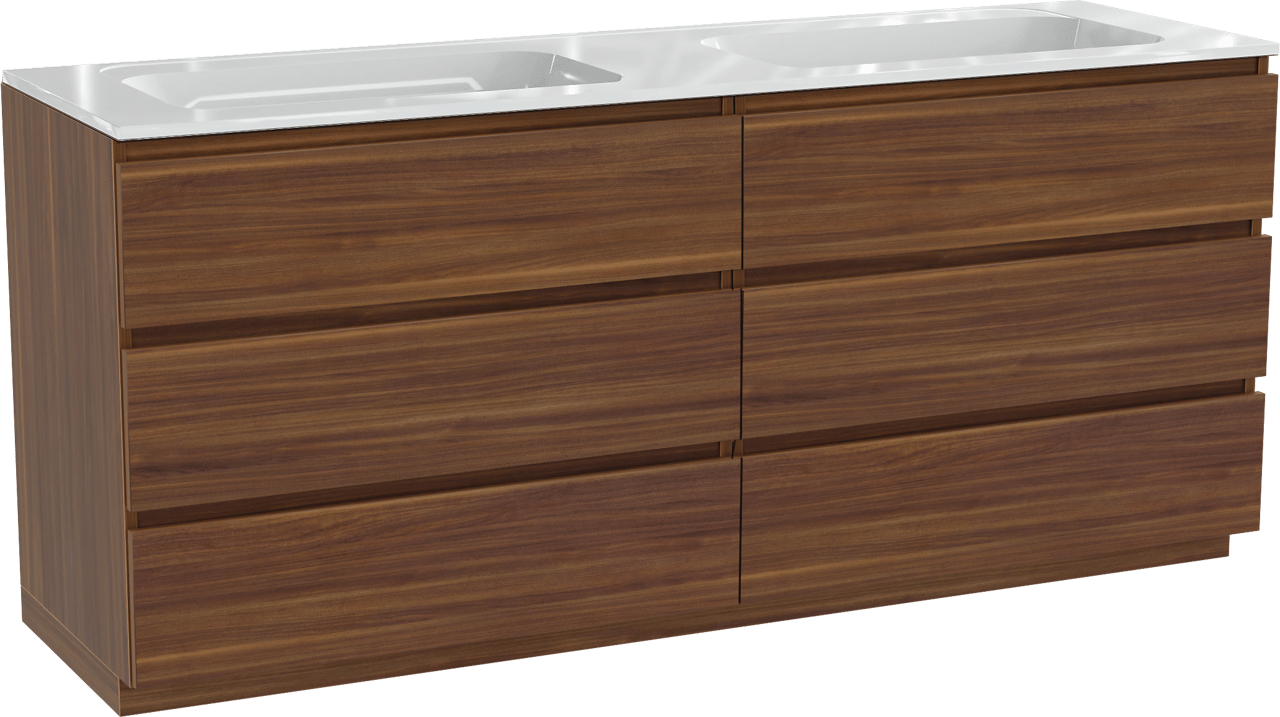 Balmani Lucida staand badmeubel 180 x 55 cm amerikaans notenhout met Tablo Strada dubbele wastafel in composietmarmer hoogglans wit