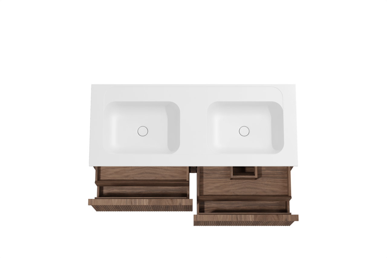 Balmani Forma meuble salle de bains suspendu 135 x 55 cm noyer américain avec Tablo Strada double vasque en marbre composite blanc mat, Nervure droite symétrique verticale