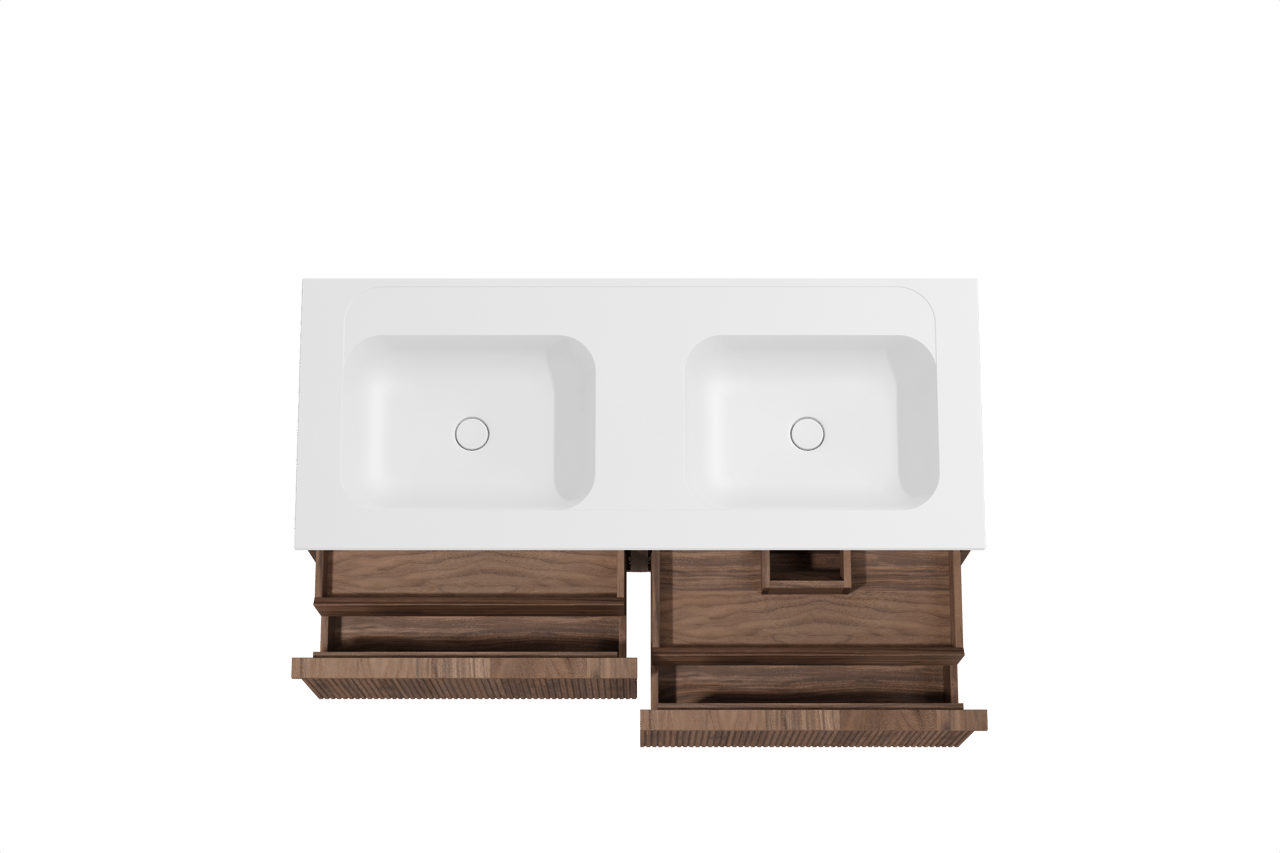 Balmani Forma zwevend badkamermeubel 135 x 55 cm amerikaanse notelaar met Tablo Strada dubbele wastafel in composietmarmer mat wit, Verticale symmetrische rechte ribbel