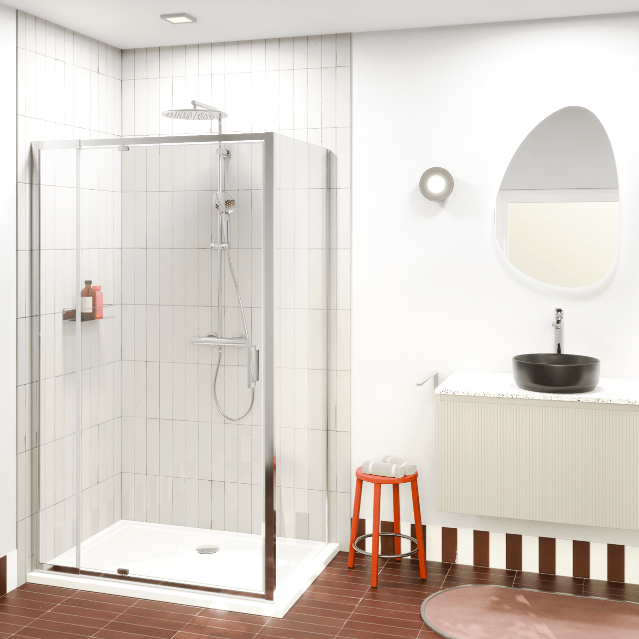 Luca Varess Vidor Telescope paroi d'angle avec porte pivotante et paroi latérale fixe 120 x 80 cm verre transparent profil chrome brillant