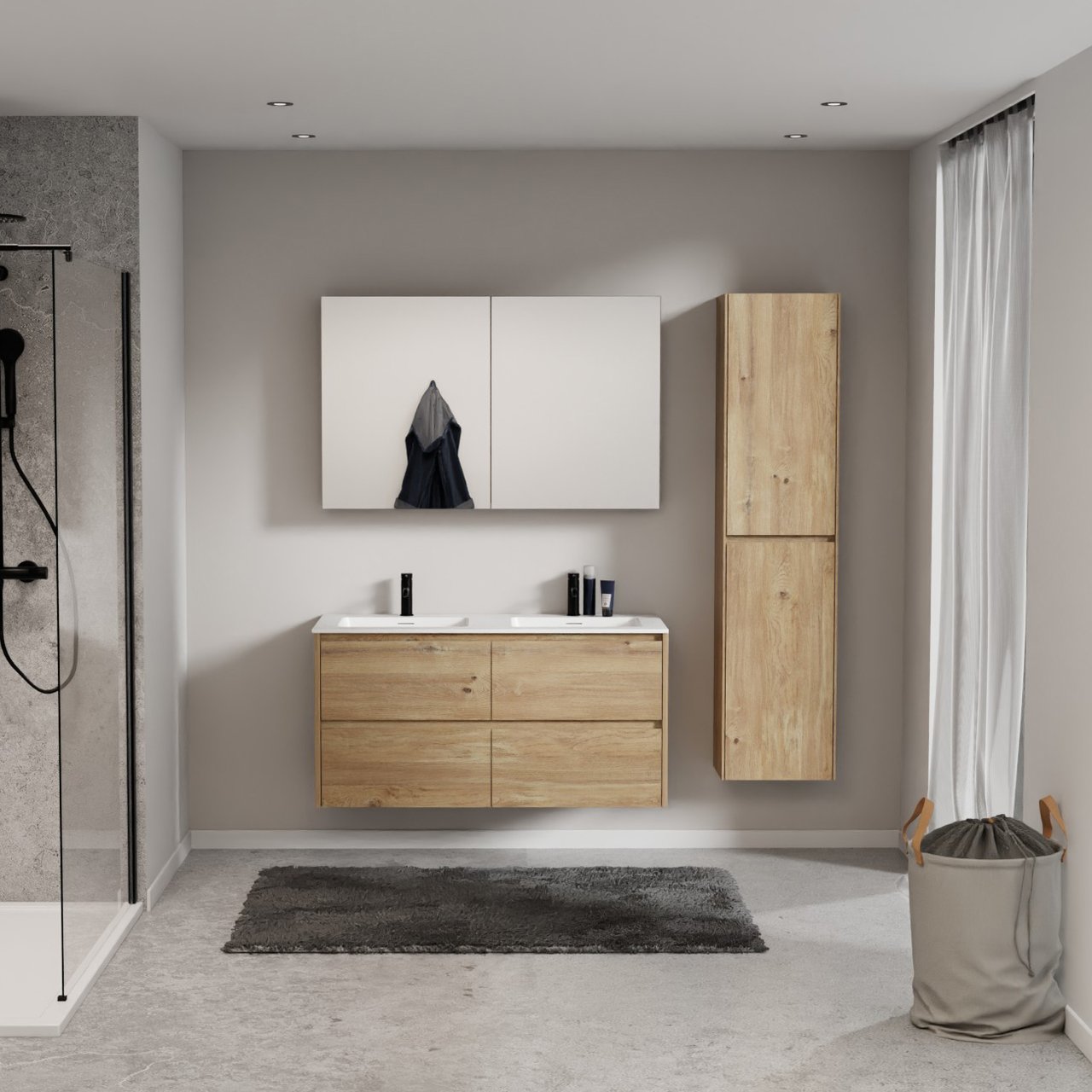 Storke Seda zwevend badkamermeubel 120 x 52 cm ruwe eik met Mata dubbele wastafel in solid surface mat wit