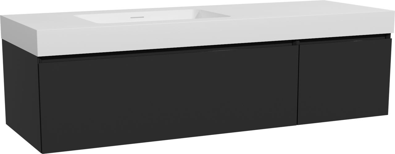 Storke Edge zwevend badmeubel 150 x 52 cm mat zwart met Mata High asymmetrisch linkse wastafel in solid surface mat wit