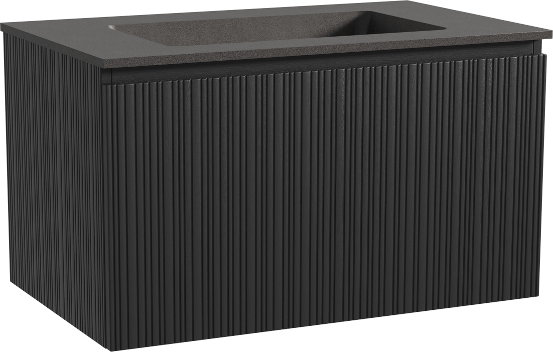 Storke Ribs zwevend badmeubel 85 x 52 cm zwart eiken met Scuro enkele wastafel in kwarts mat zwart, Verticale asymmetrische rechte ribbel