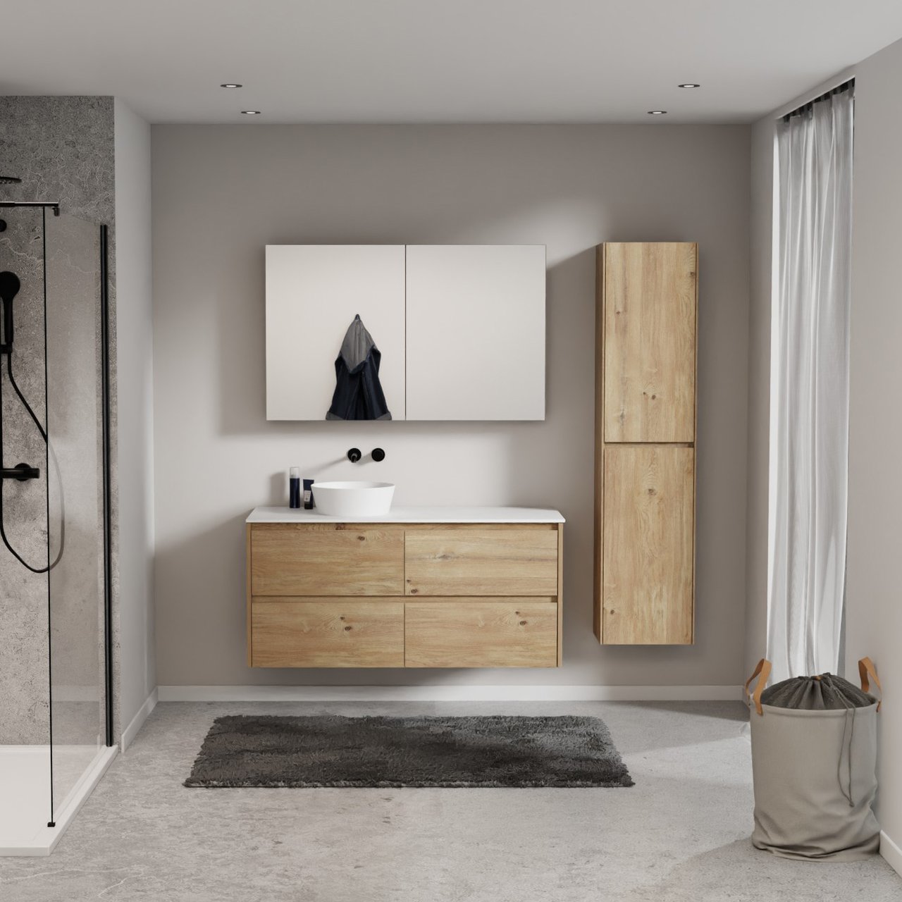 Storke Seda meuble salle de bains suspendu 130 x 52 cm chêne brut avec Tavola tablette simple ou double en solid surface blanc mat