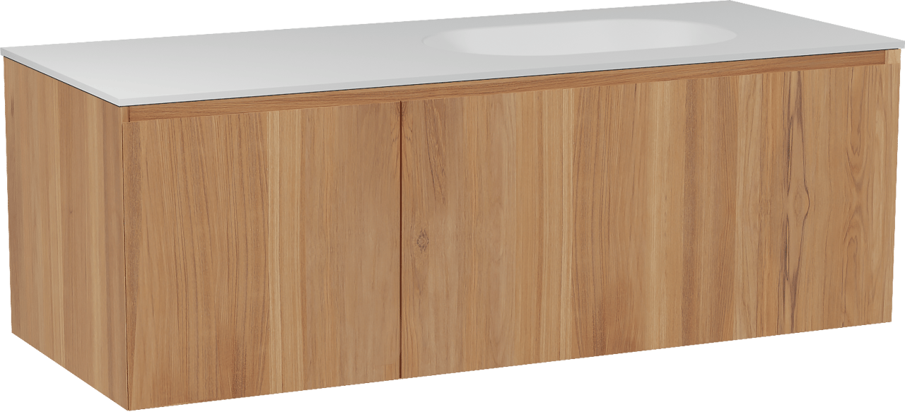 Balmani Idra hängendes Möbelstück Set: 135 x 55 cm, Teak, mit Tablo Oval Waschtisch rechts, Solid Surface Weiß matt