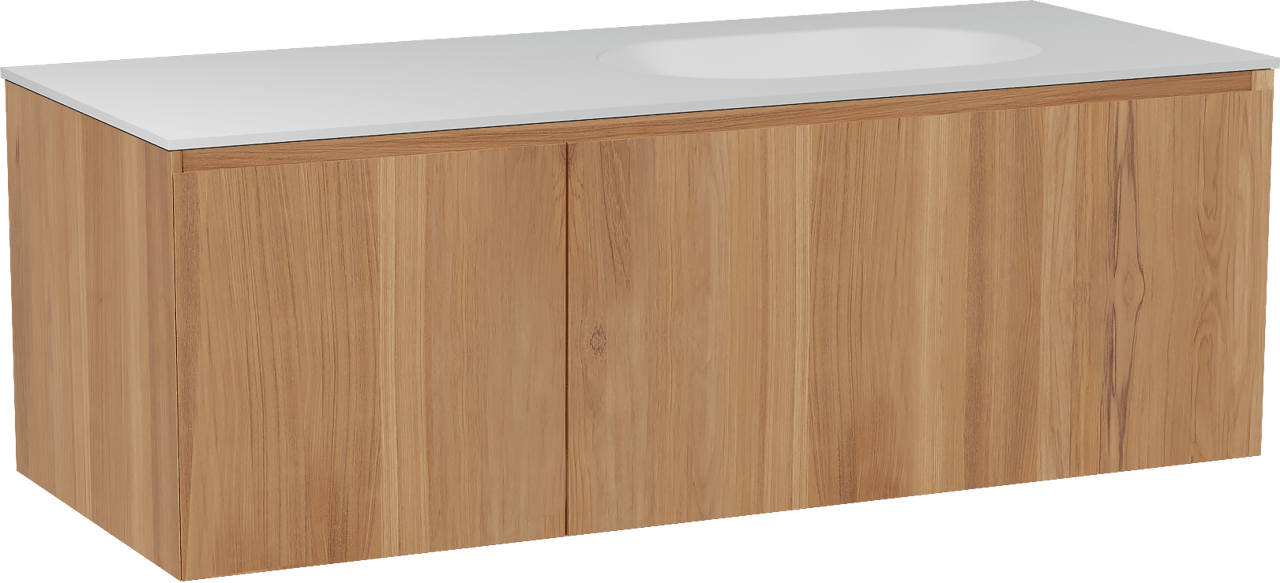 Balmani Idra zwevend badkamermeubel 135 x 55 cm teak met Tablo Oval asymmetrisch rechtse wastafel in solid surface mat wit