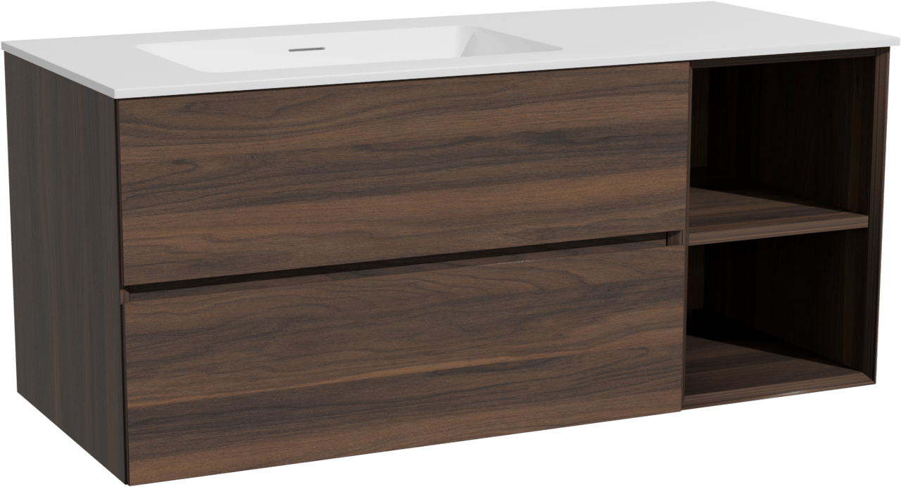 Storke Edge hängendes Möbelstück Set: 120 x 52 cm, Nussbaum, mit Mata Waschtisch links, Solid Surface Weiß matt