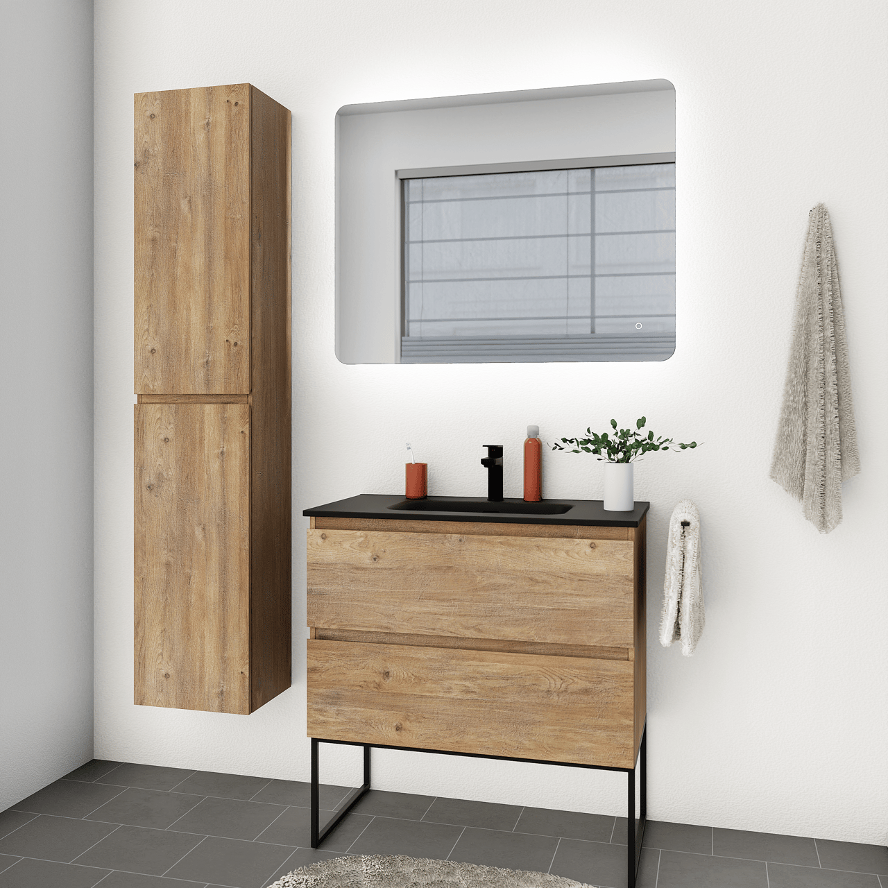 Linie Lux Badspiegel mit Beleuchtung: Abgerundete Ecken, 93 x 75 cm