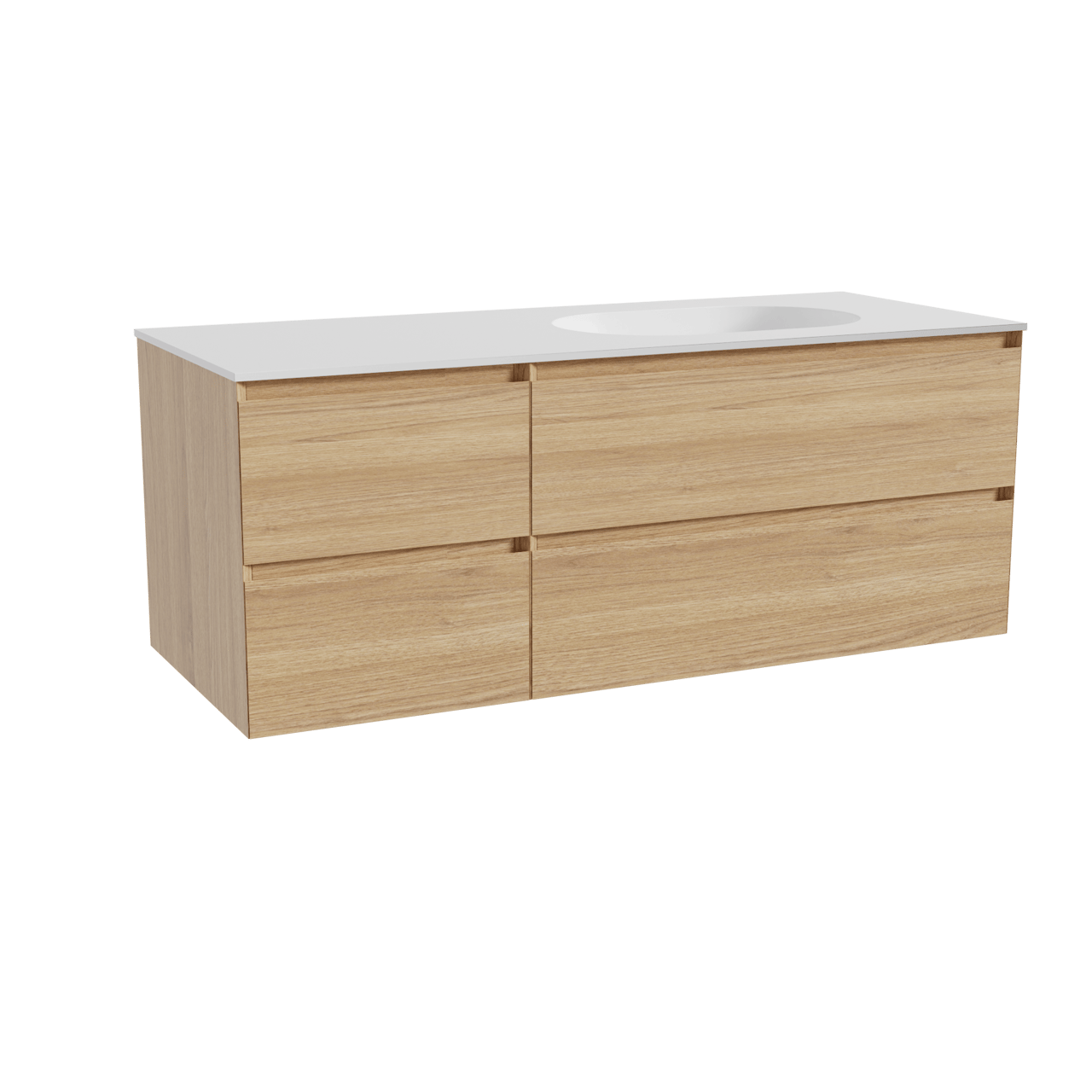Balmani Mitra meuble salle de bains suspendu 135 x 55 cm chêne naturel avec Tablo Oval vasque asymétrique droite en solid surface blanc mat
