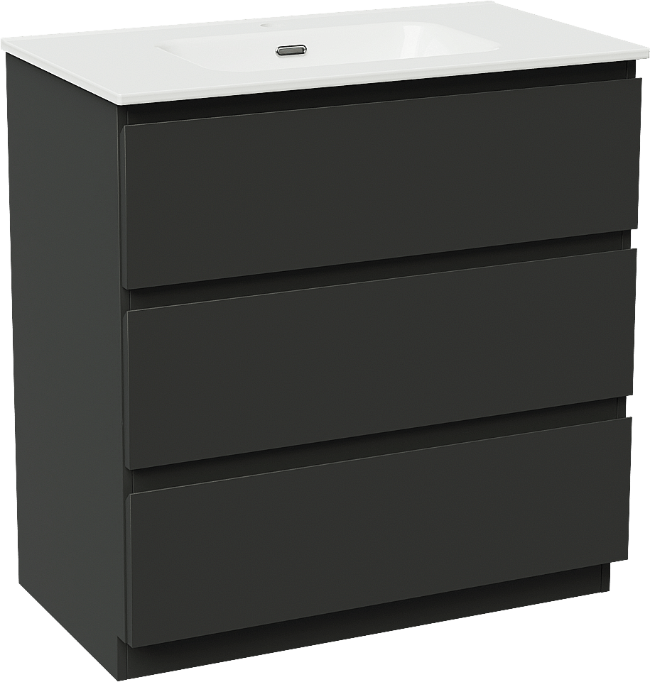 Linie Lado staand badkamermeubel 80 x 46 cm mat zwart met Baro enkele wastafel in porselein glanzend wit
