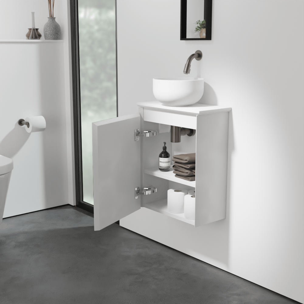 Balmani Mitra zwevend toiletmeubel 42 x 21 cm mat wit met Facetta tablet en Bowl waskom in matte Solid Surface
