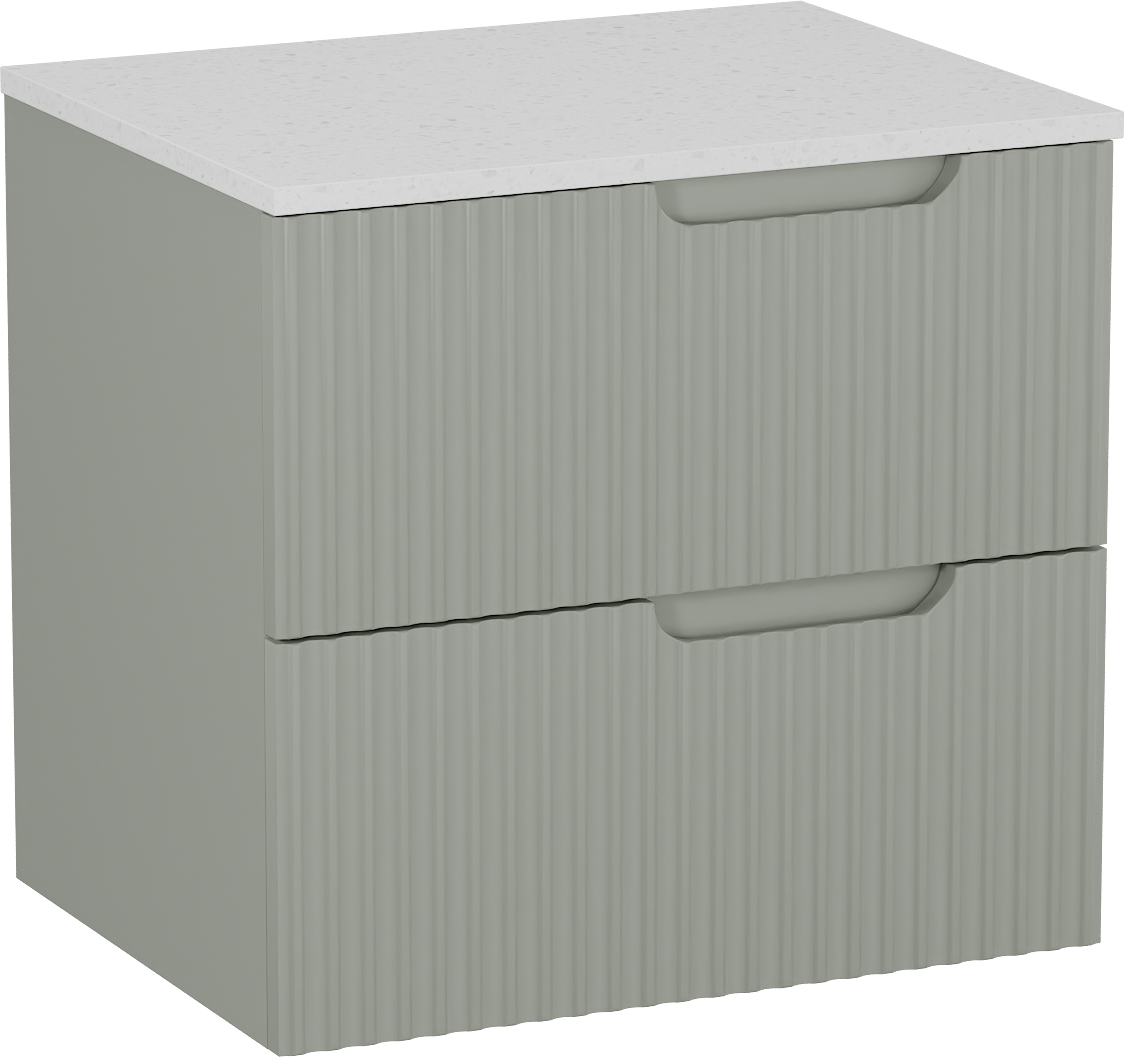 Linie Ribbo meuble salle de bains suspendu 60 x 46 cm greige avec Lado tablette simple en mélaminé terrazzo blanc, Nervure circulaire symétrique verticale