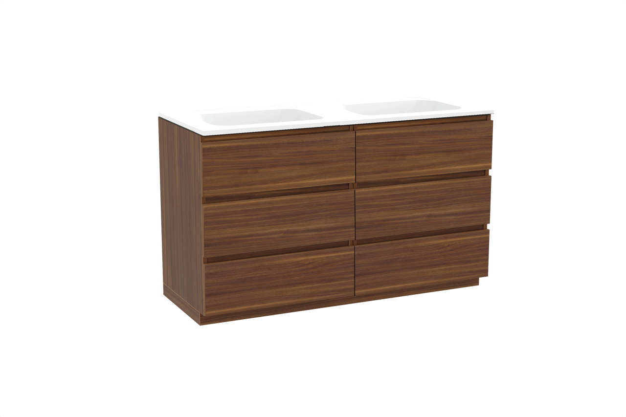 Balmani Lucida freistehendes Möbelstück Set: 135 x 55 cm, Amerikanischer Nussbaum, mit Tablo Strada Doppelwaschtisch, Marmorkomposit Weiß matt