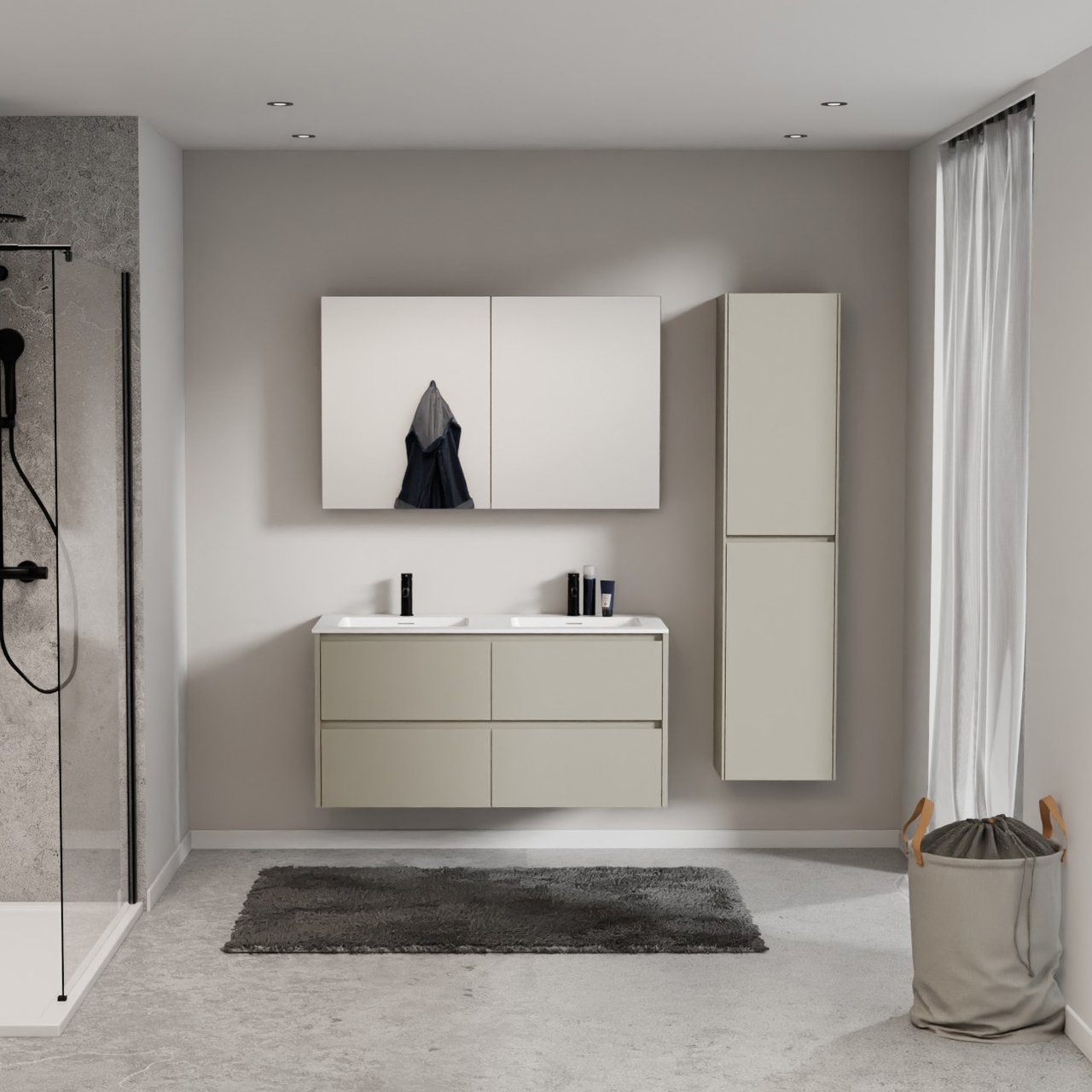 Storke Seda meuble salle de bains suspendu 120 x 52 cm soie grise avec Mata double vasque en solid surface blanc mat