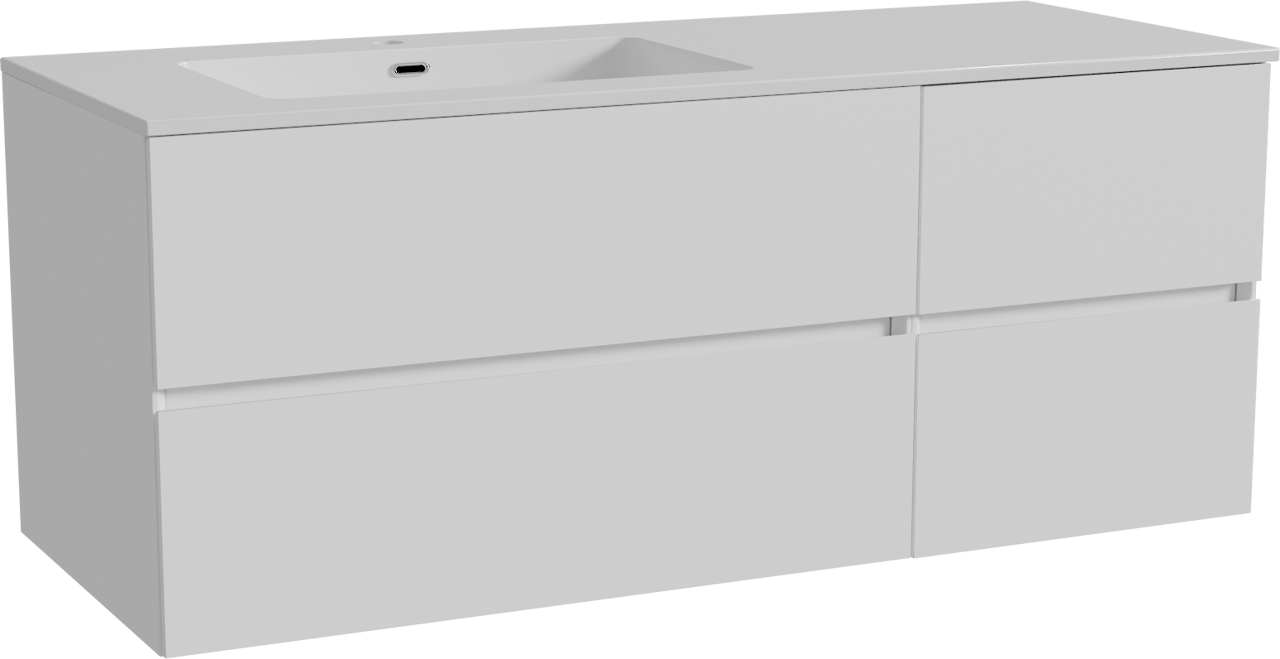 Storke Edge meuble salle de bains suspendu 130 x 52 cm blanc mat avec Diva plan vasque asymétrique à gauche en marbre composite blanc brillant