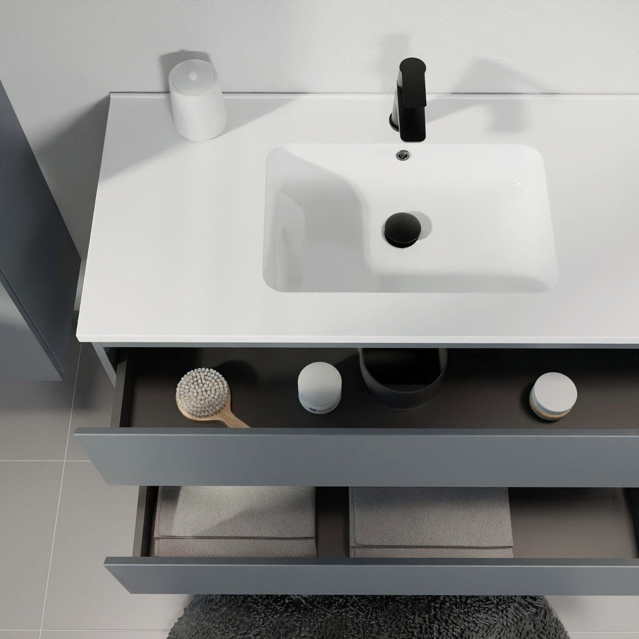 Linie Lado hängendes Möbelstück Set: 100 x 46 cm, Anthrazitblau, mit Vano Einzelwaschtisch, Marmorkomposit Weiß glänzend