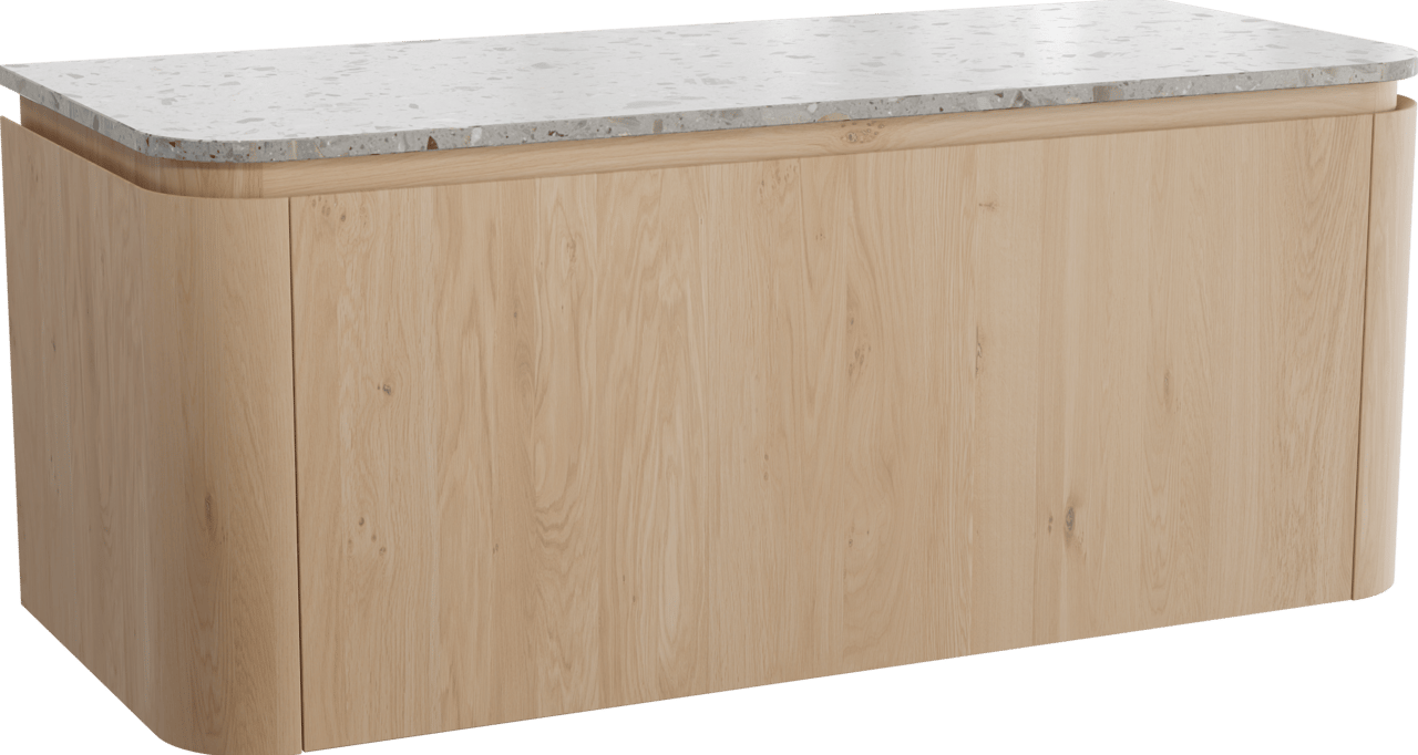 Balmani Moon zwevend badmeubel 130 x 55 cm naturel eiken met Moon enkel of dubbel wastafelblad in terrazzo greige terrazzo