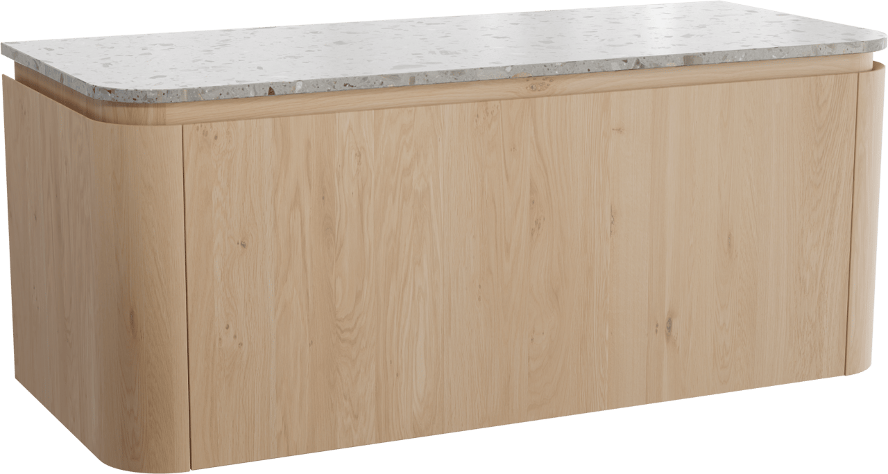 Balmani Moon zwevend badkamermeubel 130 x 55 cm natuur eik met Moon enkel of dubbel tablet in terrazzo greige terrazzo