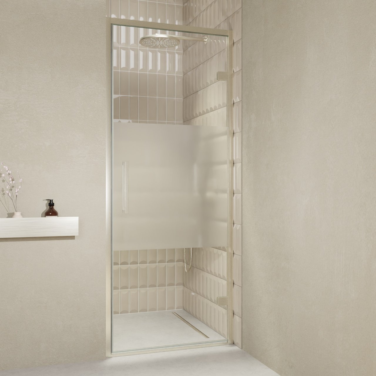 Balmani Senses Design douche draaideur rechts 90 cm x 210 cm Helder glas met matte strook, Brushed CoolMetal profielen