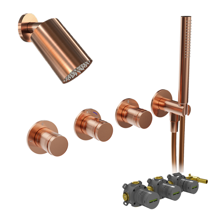 Blaufoss Pavilion Duschsystem: Unterputz, inkl. Thermostat-Duscharmatur, inkl. Duschkopf, 14 x 9 cm, Brushed Rosegold