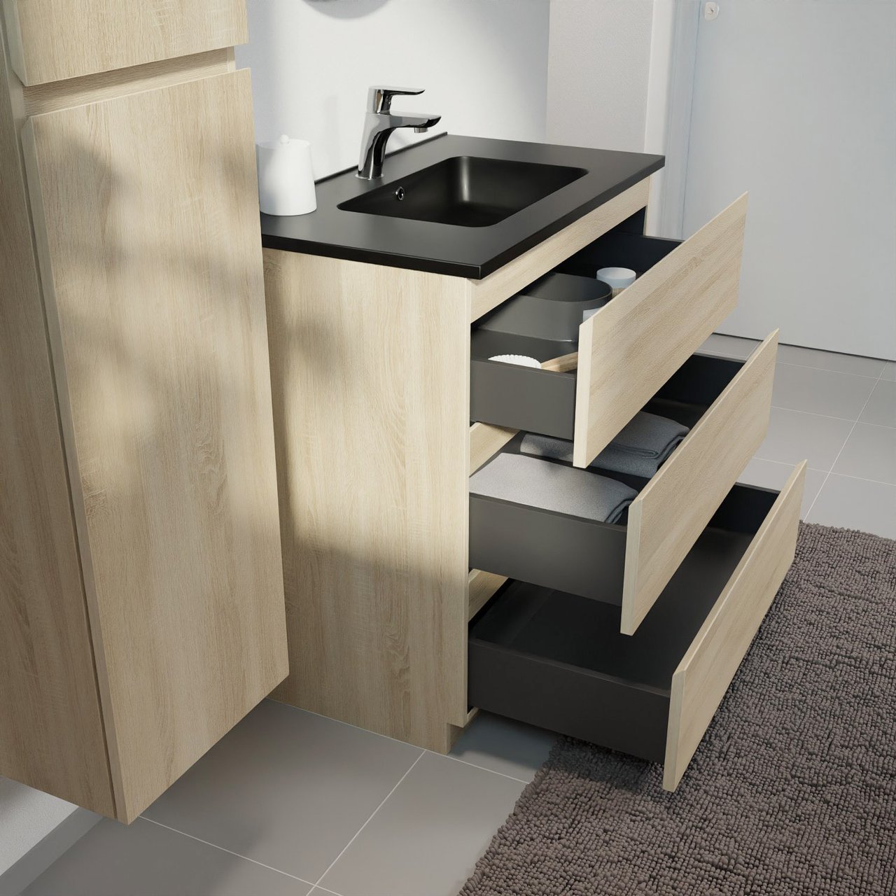 Linie Lado freistehendes Möbelstück Set: 80 x 46 cm, Weiße Eiche, mit Vano Einzelwaschtisch, Marmorkomposit Schwarz matt