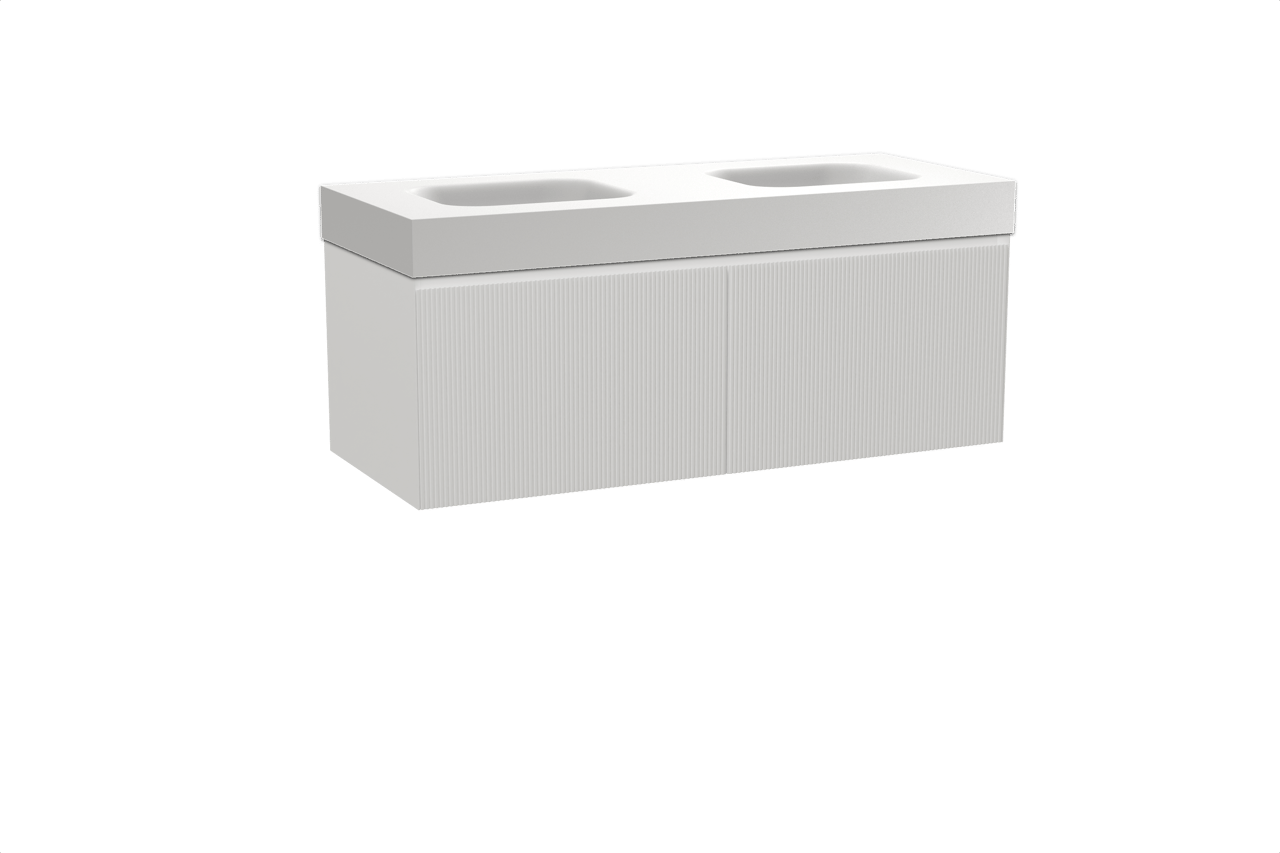 Balmani Fila hängendes Möbelstück Set: 135 x 55 cm, Weiß matt, mit Arcato Doppelwaschtisch, Solid Surface, Weiß matt, Vertikale symmetrische gerade Rippe