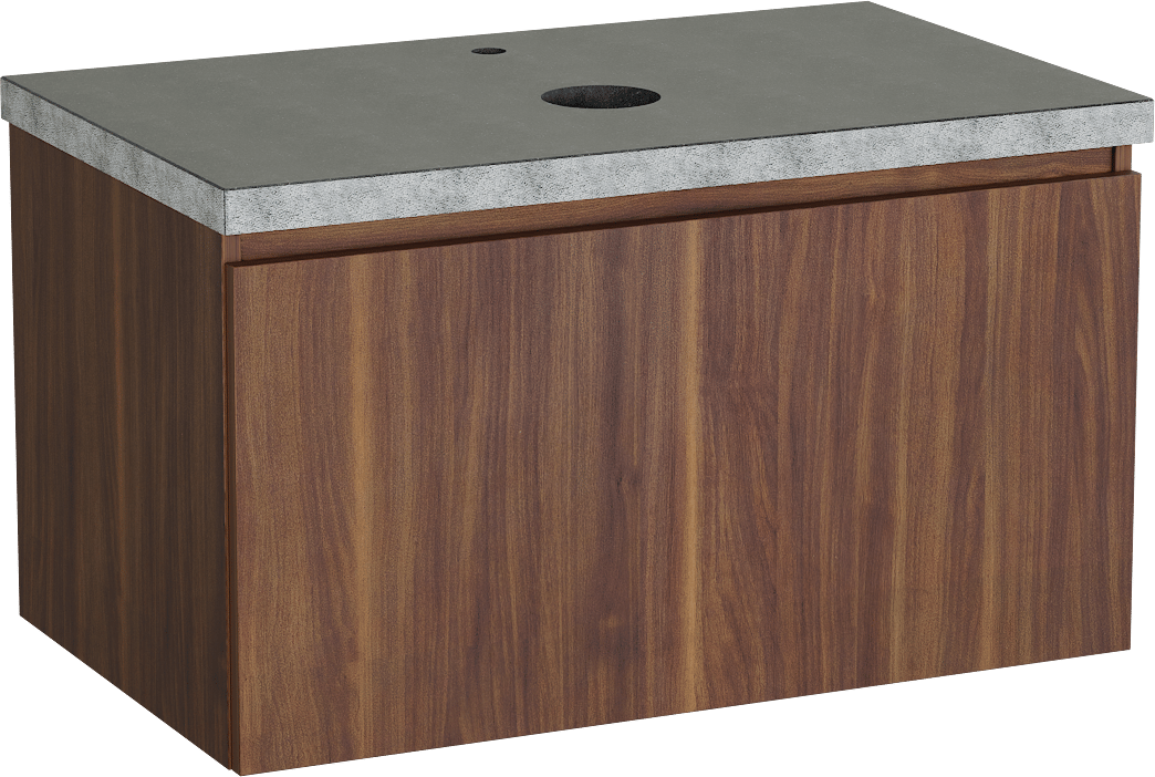 Balmani Sfera by Lucida hängendes Möbelstück Set: 90 x 55 cm, Amerikanischer Nussbaum, mit Rock Einzel Waschtischplatte, Schwarzes Granit