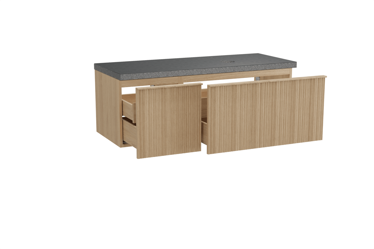 Balmani Forma zwevend badkamermeubel 135 x 55 cm natuur eik met Rock asymmetrisch rechtse wastafel in graniet zwart, Verticale asymmetrische ronde ribbel