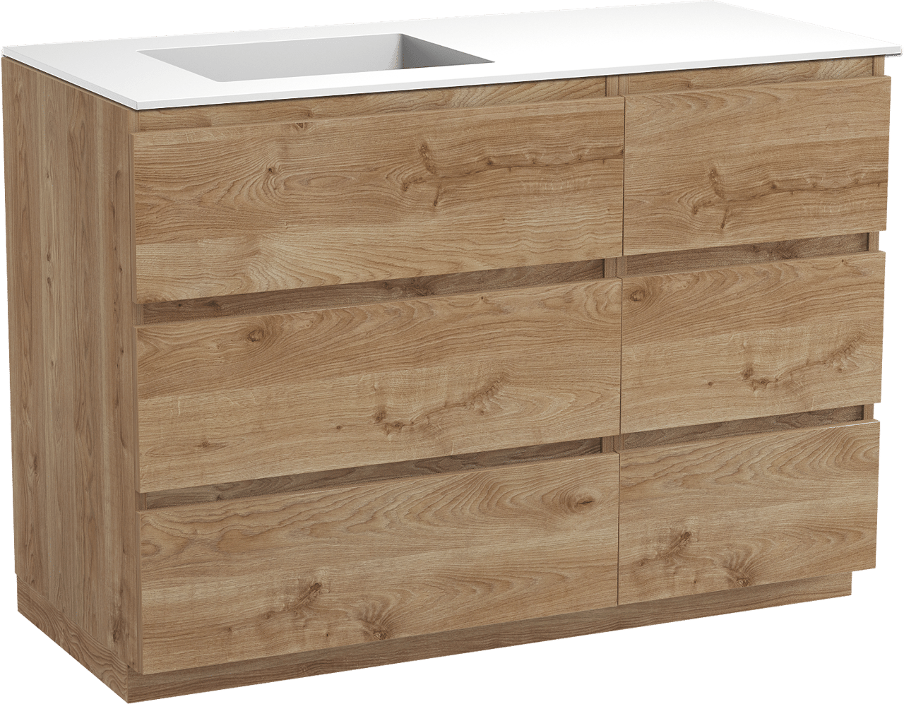 Balmani Lucida freistehendes Möbelstück Set: 120 x 55 cm, Rohe Eiche, mit Tablo Stretto Waschtisch links, Solid Surface Weiß matt