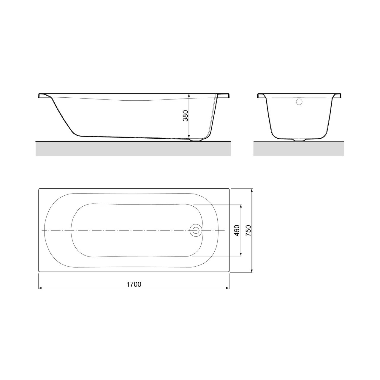Linie Tessa 1-Personen-Einbaubadewanne: 170 x 75 cm, Acryl, Weiß Glänzend