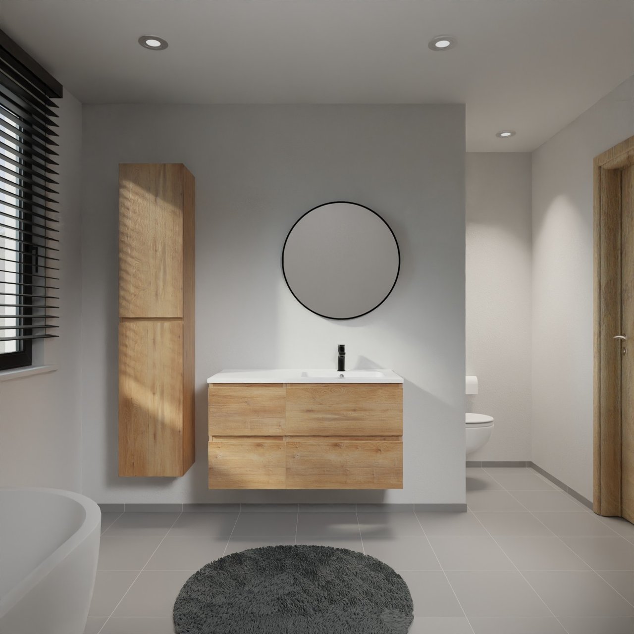 Linie Lado meuble salle de bains suspendu 100 x 46 cm chêne naturel avec Vano vasque asymétrique droite en marbre composite blanc brillant