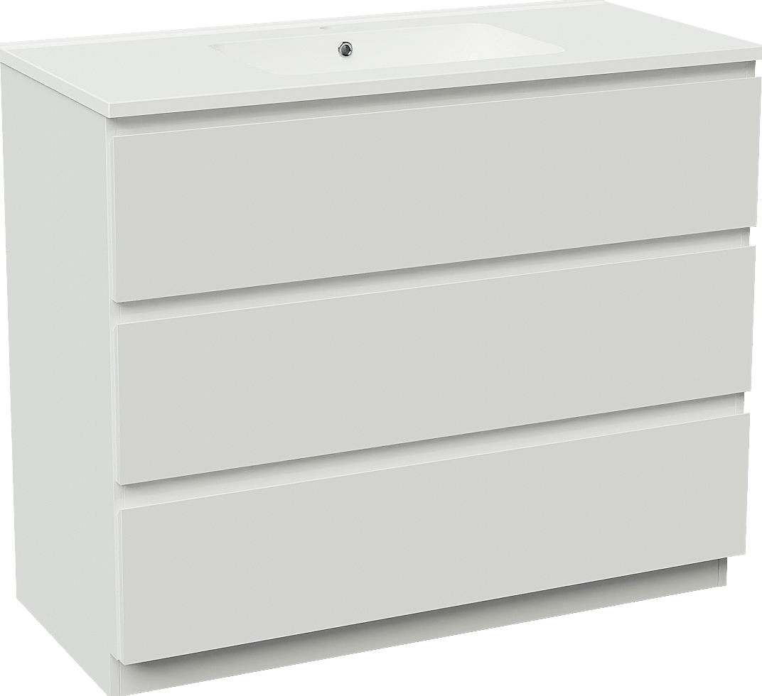 Linie Lado freistehendes Möbelstück Set: 100 x 46 cm, Weiß glänzend, mit Vano Einzelwaschtisch, Marmorkomposit Weiß glänzend