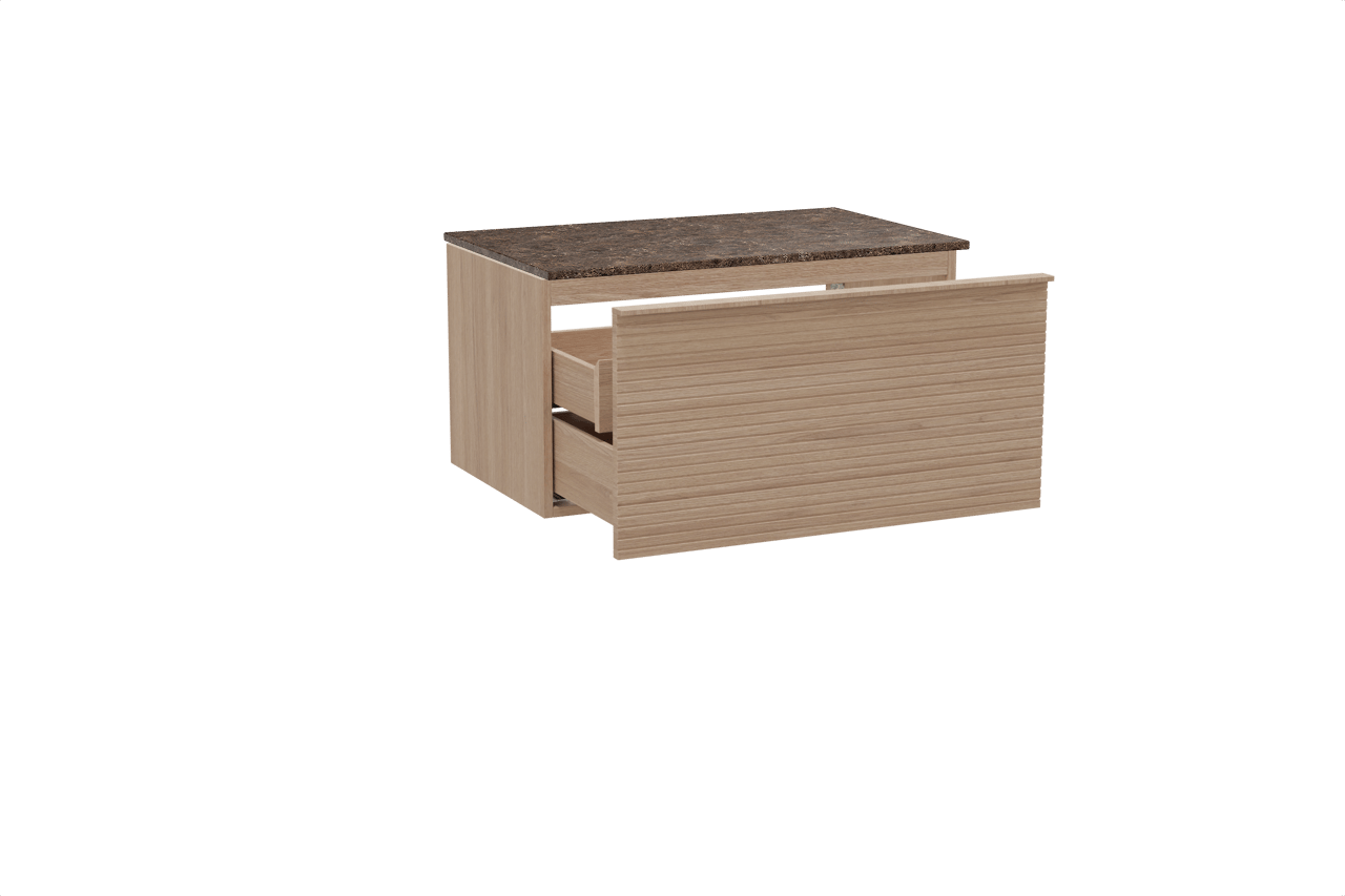 Balmani Forma hängendes Möbelstück Set: 90 x 55 cm, Naturbelassene Eiche, mit Stretto Einzel Waschtischplatte, Marmor, Dark Emperador, Horizontale symmetrische gerade Rippe