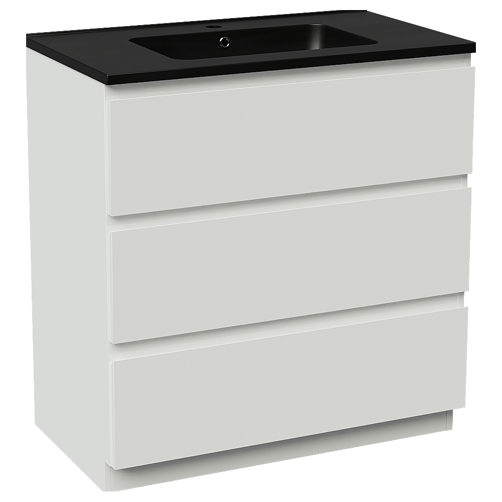 Linie Lado freistehendes Möbelstück Set: 80 x 46 cm, Weiß matt, mit Vano Einzelwaschtisch, Marmorkomposit Schwarz matt