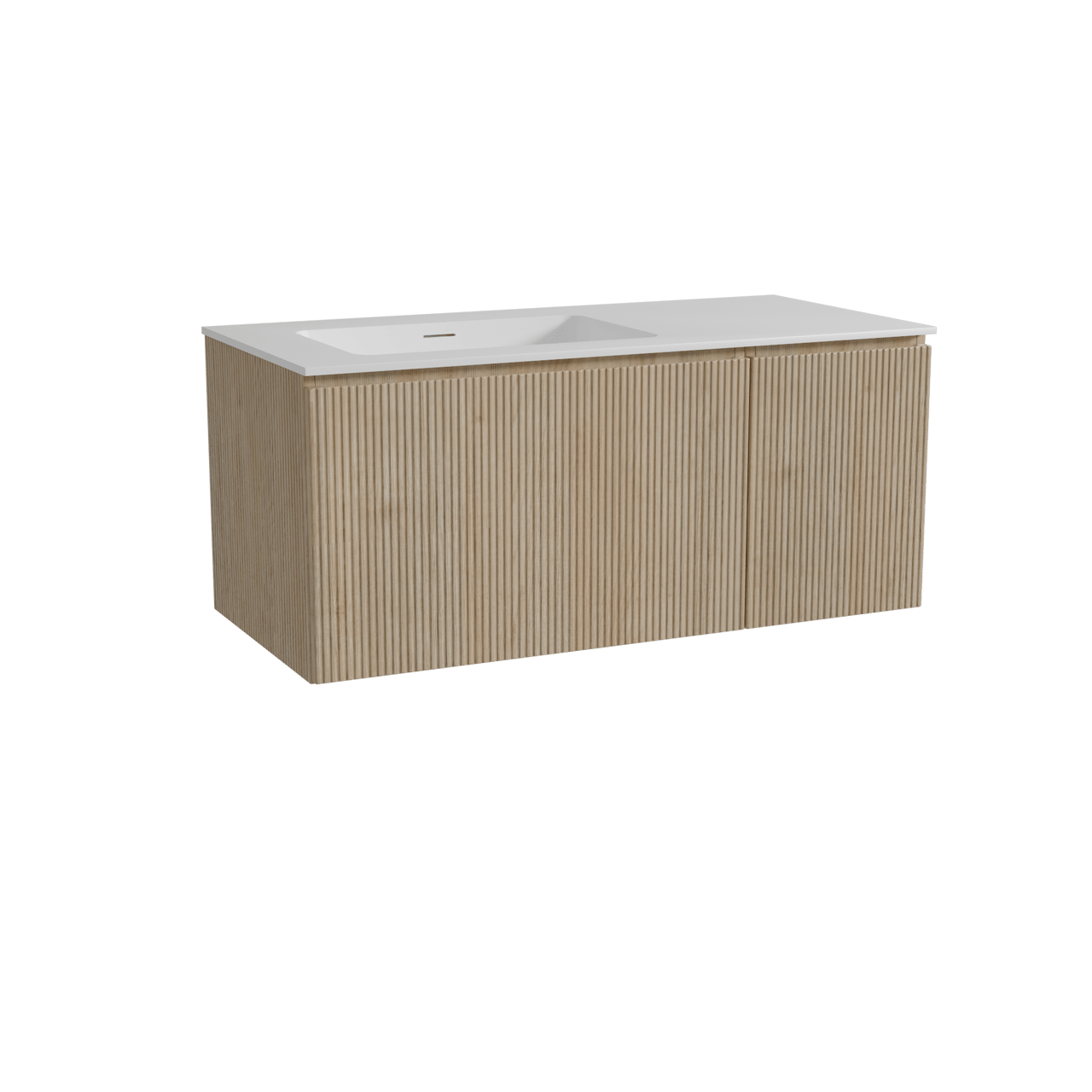 Storke Ribs hängendes Möbelstück Set: 110 x 52 cm, Rohe Eiche, mit Mata Waschtisch links, Solid Surface, Weiß matt, Vertikale symmetrische gerade Rippe