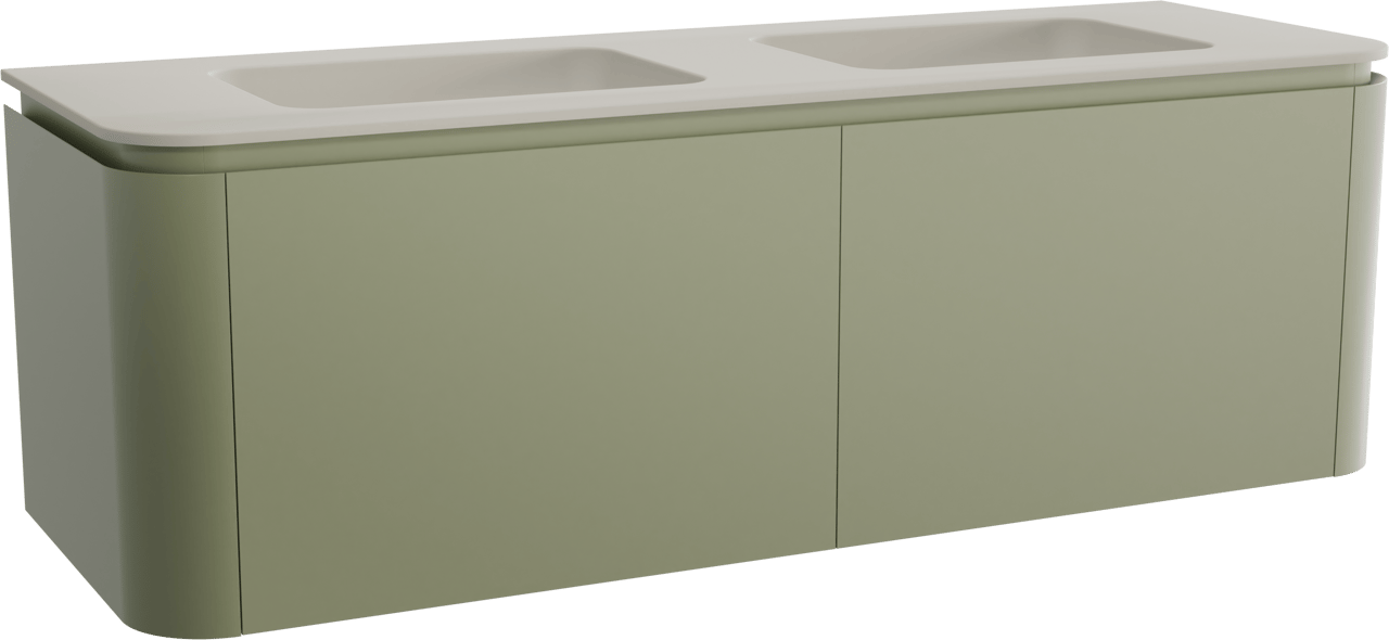 Balmani Moon meuble salle de bains suspendu 160 x 55 cm vert sauge avec Moon double vasque en top solid soie grise