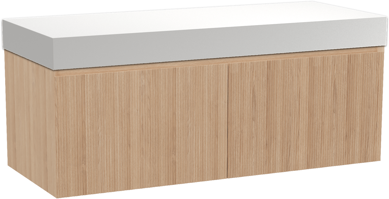 Balmani Fila meuble salle de bains suspendu 135 x 55 cm chêne naturel avec Dominus tablette simple ou double en solid surface blanc mat, Nervure droite symétrique verticale