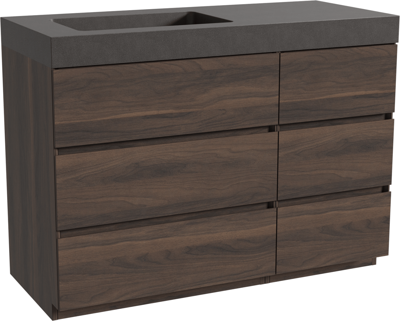 Storke Edge staand badmeubel 120 x 52 cm notenhout met Scuro High asymmetrisch linkse wastafel in kwarts mat zwart