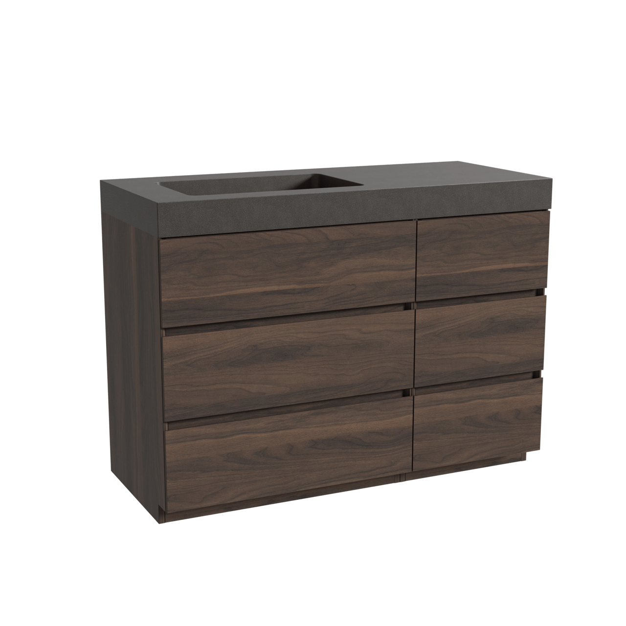 Storke Edge staand badkamermeubel 120 x 52 cm notelaar met Scuro High asymmetrisch linkse wastafel in kwarts mat zwart