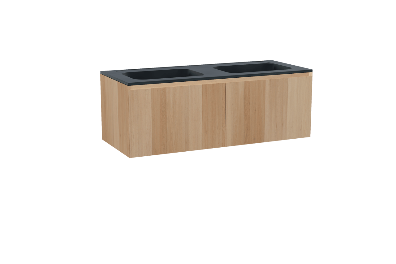 Balmani Idra hängendes Möbelstück Set: 135 x 55 cm, Naturbelassene Eiche, mit Tablo Strada Doppelwaschtisch, Marmorkomposit Schwarz matt