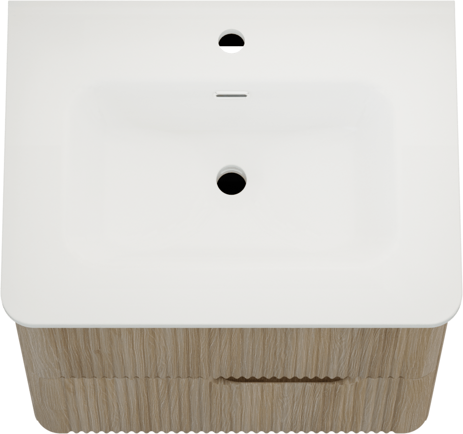 Linie Curvo hängendes Möbelstück Set: 60 x 46 cm, Eiche Hell, mit Baro Curvo Einzelwaschtisch Keramik Weiβ glänzend, Vertikale symmetrische runde Rippe