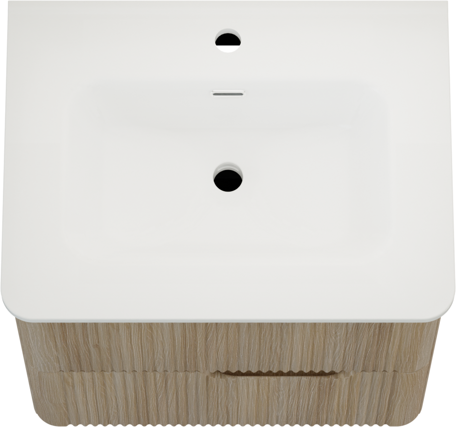 Linie Curvo zwevend badkamermeubel 60 x 46 cm lichte eik met Baro Curvo enkele wastafel in porselein glanzend wit, Verticale symmetrische ronde ribbel