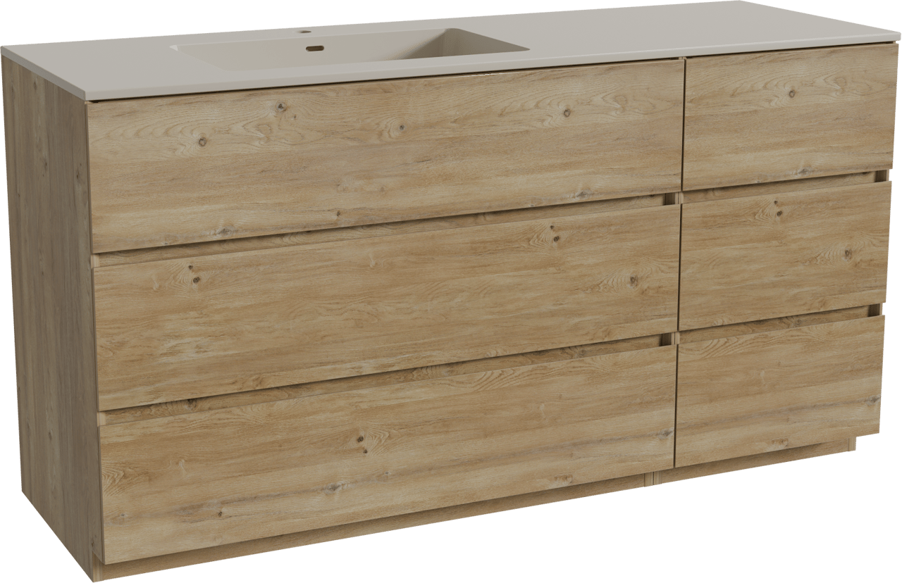 Storke Edge staand badmeubel 150 x 52 cm ruw eiken met Diva asymmetrisch linkse wastafel in top solid zijdegrijs