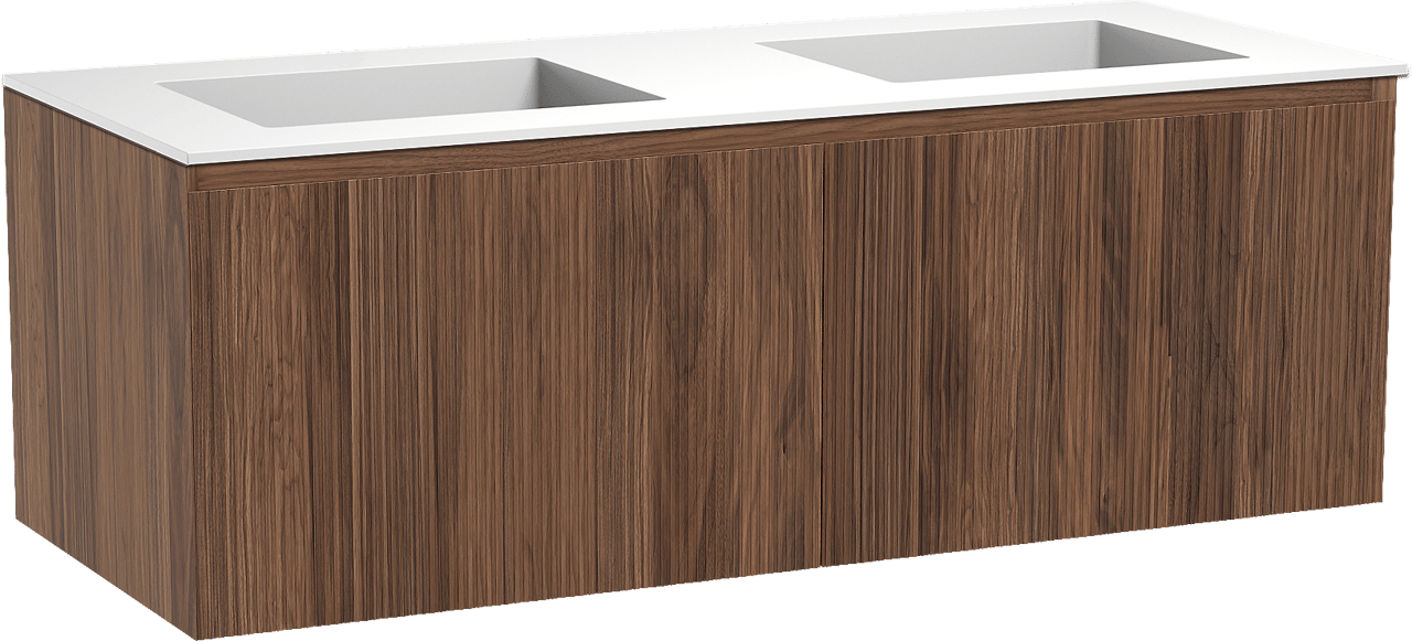 Balmani Fila meuble salle de bains suspendu 135 x 55 cm noyer avec Tablo Stretto double vasque en solid surface blanc mat, Nervure droite symétrique verticale