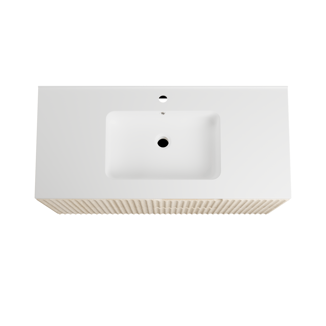 Linie Ribbo hängendes Möbelstück Set: 100 x 46 cm, Helle Eiche, mit Vano Einzelwaschtisch, Marmorkomposit, Weiß matt, Vertikale symmetrische runde Rippe