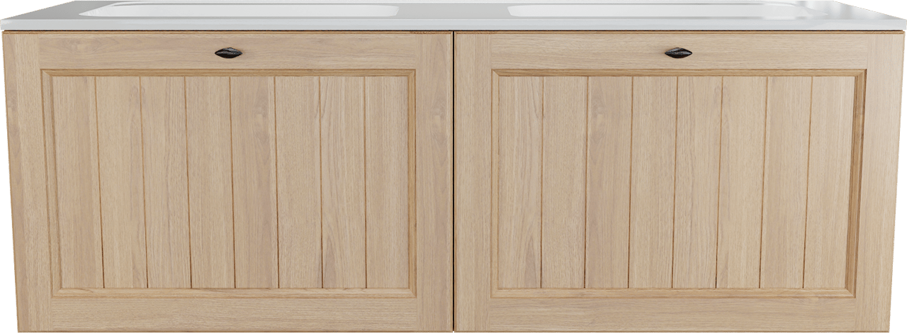 Balmani Lemon zwevend badkamermeubel 150 x 55 cm, fineer natuur eik met Tablo Strada dubbele wastafel in glanzend wit