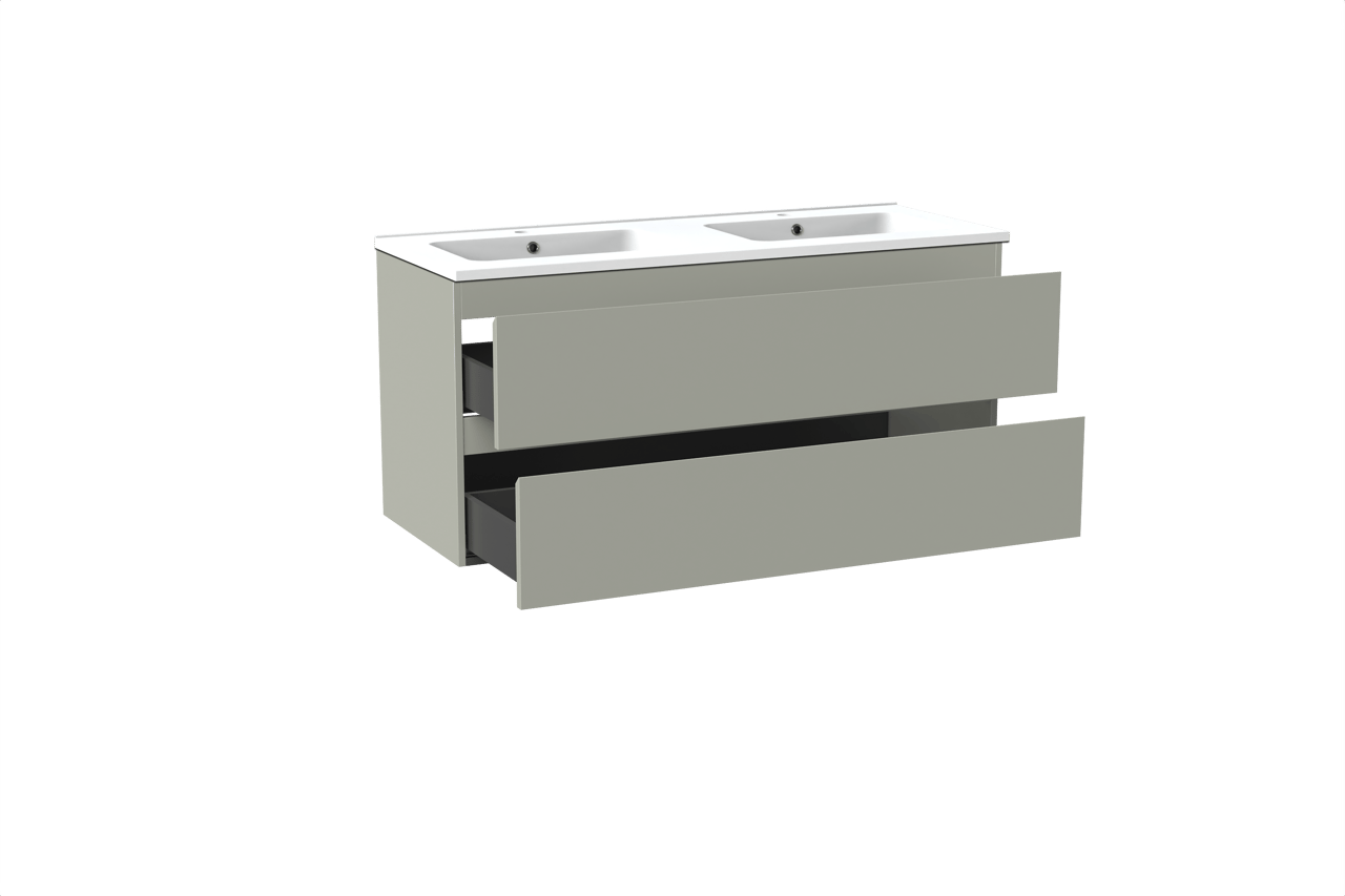 Linie Lado hängendes Möbelstück Set: 120 x 46 cm, Greige, mit Vano Doppelwaschtisch, Marmorkomposit Weiß matt